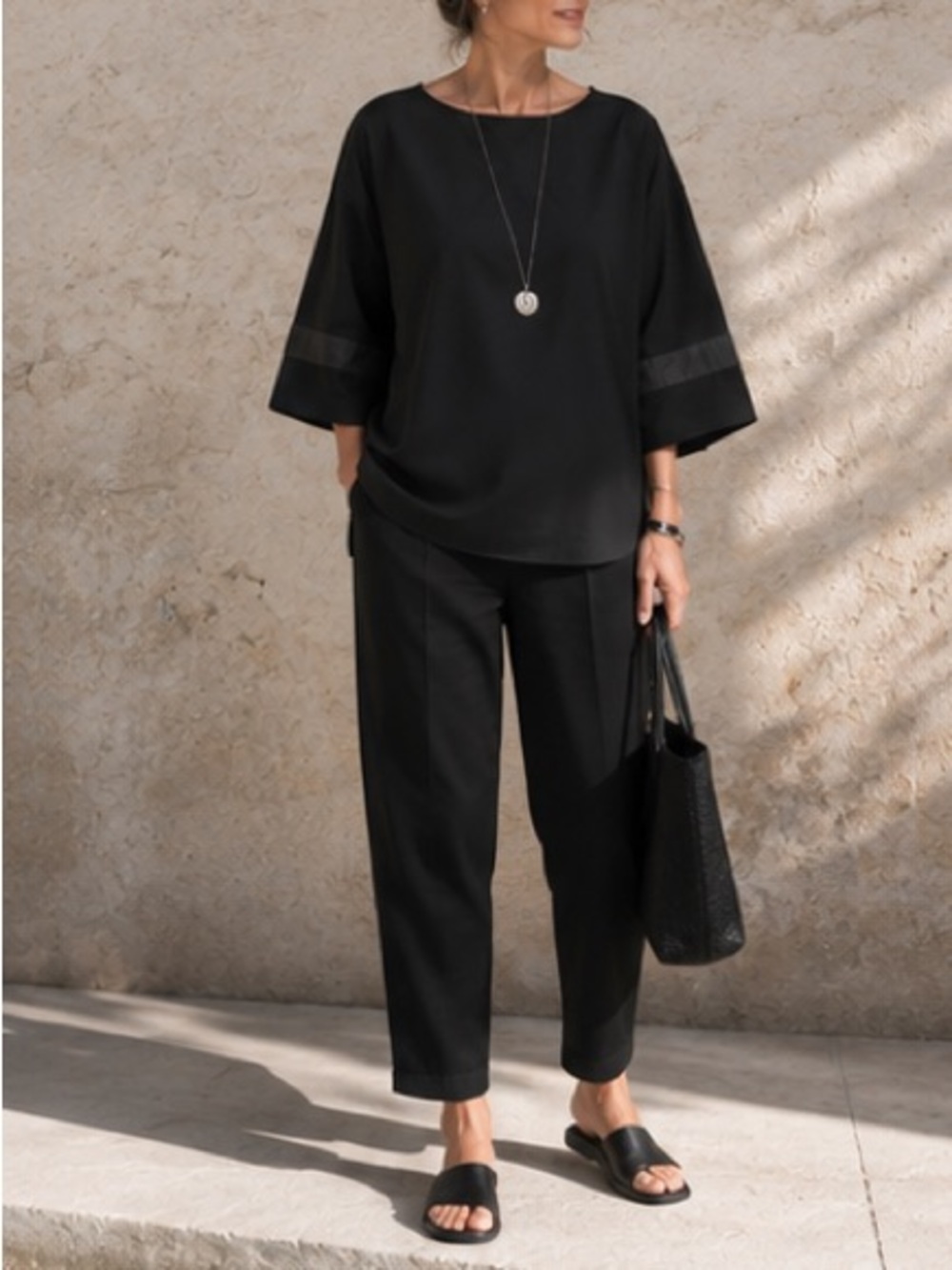 Japanalia Black Tunic Top Boxy Lagenlook  3/4 Wide Sleeve Excellent Size L